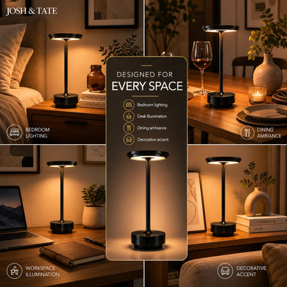 Josh & Tate - OrbitGlow™ Cordless Table Lamp - Black table lamp with various uses in a home setting, including bedroom, desk, dining, and workspace.