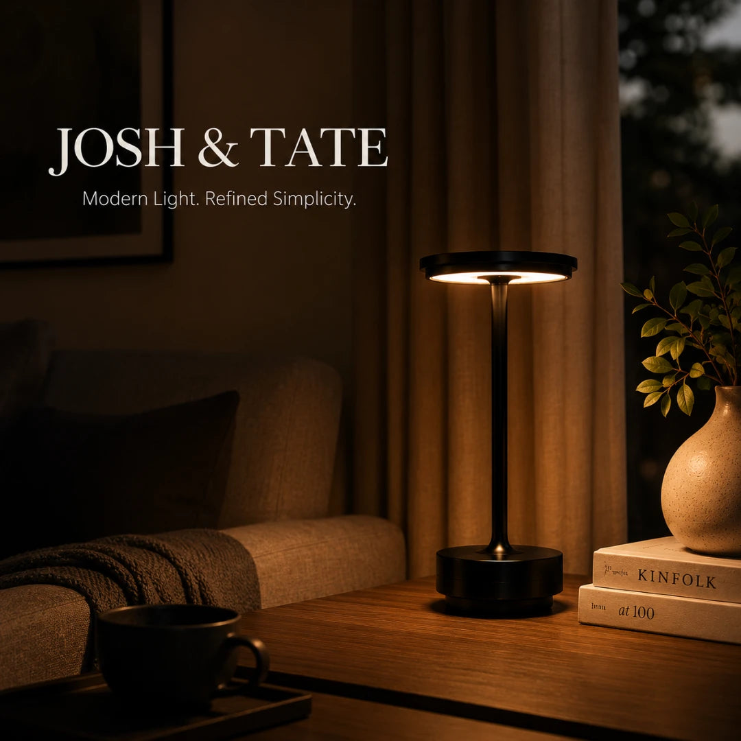 Josh & Tate - OrbitGlow™ Cordless Table Lamp - Modern lamp on a table with a cozy living room setting, featuring 'Josh & Tate' branding.
