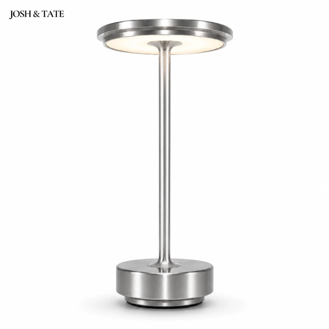 Josh & Tate - OrbitGlow™ Cordless Table Lamp - Modern silver lamp with 'JOSH & TATE' branding on a white background