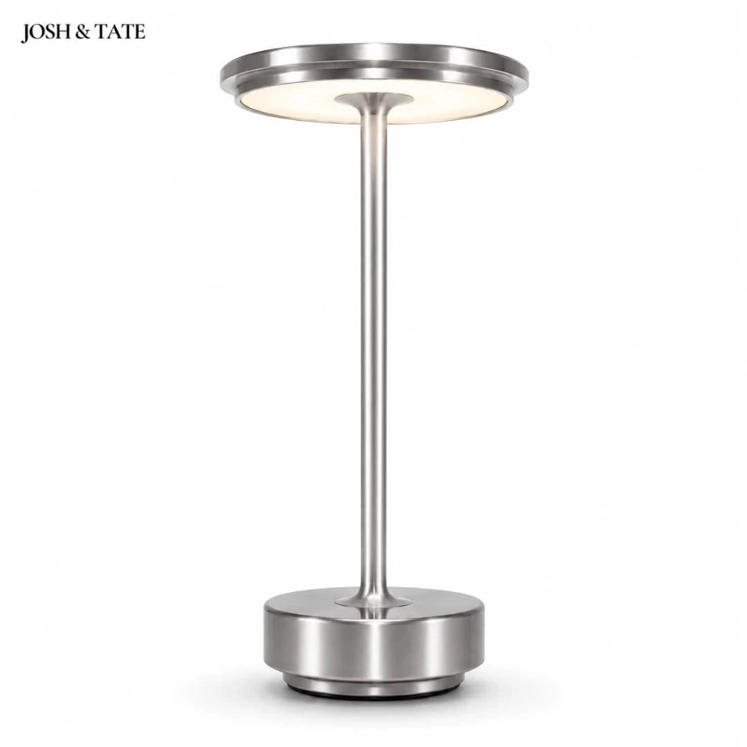 Josh & Tate - OrbitGlow™ Cordless Table Lamp - Modern silver lamp with 'JOSH & TATE' branding on a white background