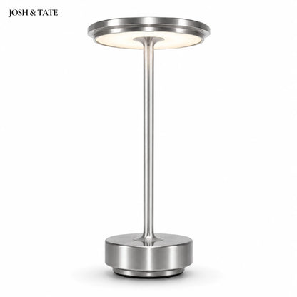 Josh & Tate - OrbitGlow™ Cordless Table Lamp - Modern silver lamp with 'JOSH & TATE' branding on a white background