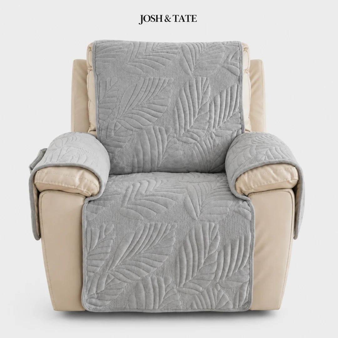Josh & Tate -PalmSoft™ Quilted Chair Cover - Gray textured chair cover on a beige armchair with 'Josh & Tate' branding.