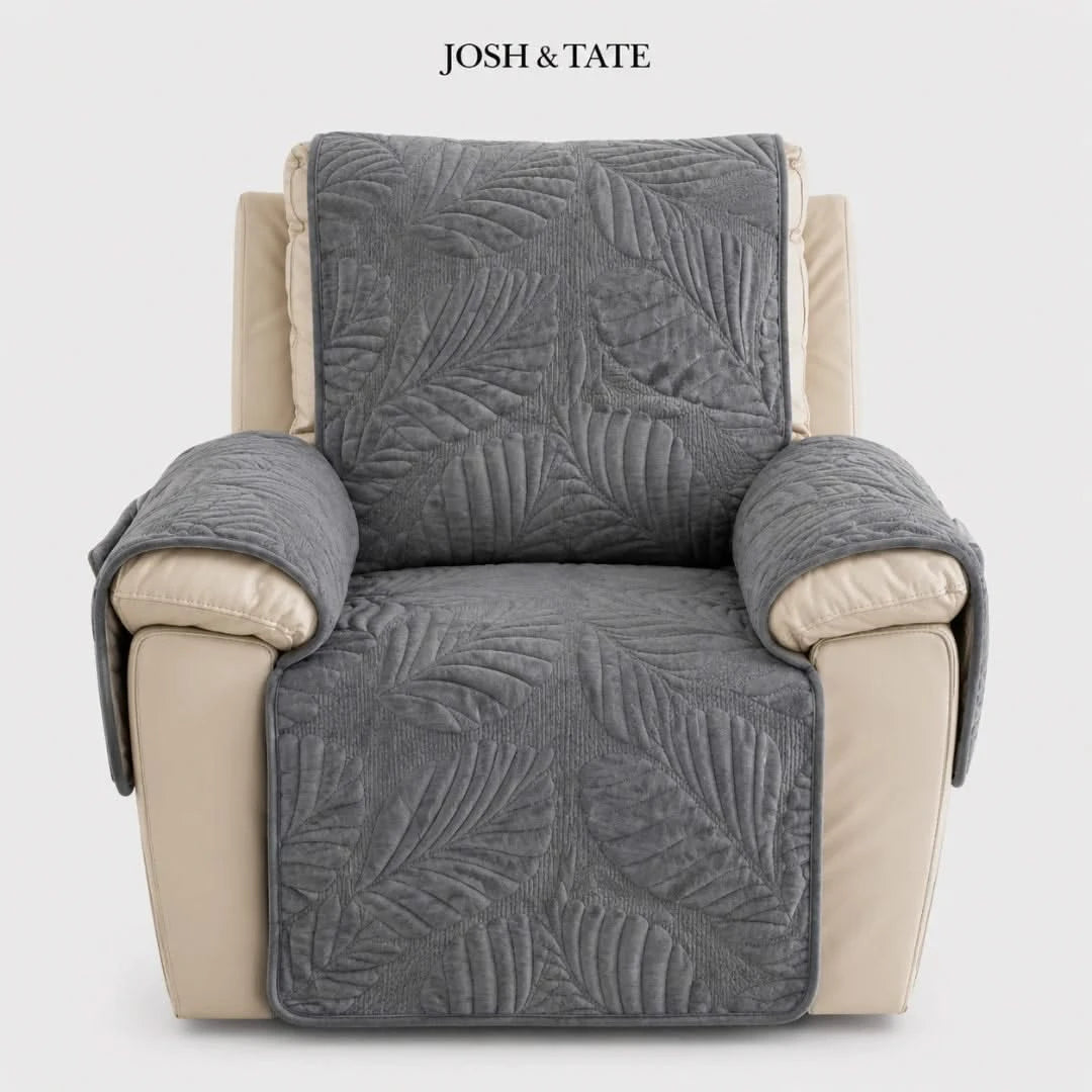 Josh & Tate - PalmSoft™ Quilted Chair Cover - Gray leaf-patterned recliner cover on a beige recliner chair with 'Josh & Tate' branding.
