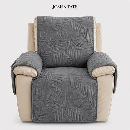 Josh & Tate - PalmSoft™ Quilted Chair Cover - Gray leaf-patterned recliner cover on a beige recliner chair with 'Josh & Tate' branding.