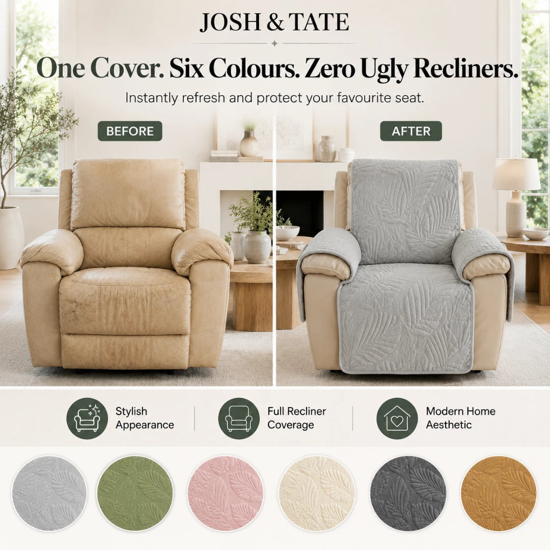 Josh & Tate - PalmSoft™ Quilted Chair Cover - Before and after comparison of a recliner chair with a cover, featuring Josh & Tate branding and color options.