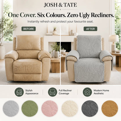 Josh & Tate - PalmSoft™ Quilted Chair Cover - Before and after comparison of a recliner chair with a cover, featuring Josh & Tate branding and color options.