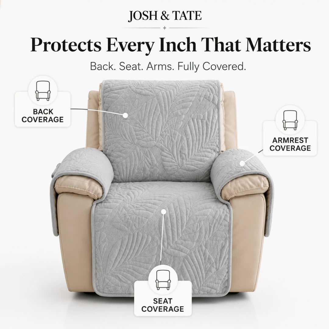 Josh & Tate - PalmSoft™ Quilted Chair Cover - Gray recliner cover with text highlighting coverage areas on a white background