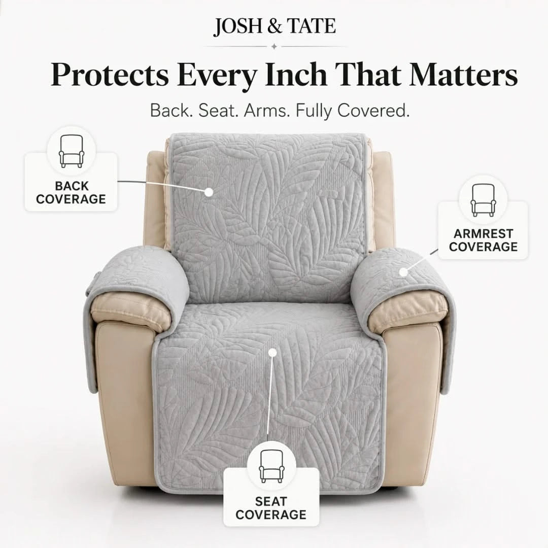 Josh & Tate - PalmSoft™ Quilted Chair Cover - Gray recliner cover with text highlighting coverage areas on a white background