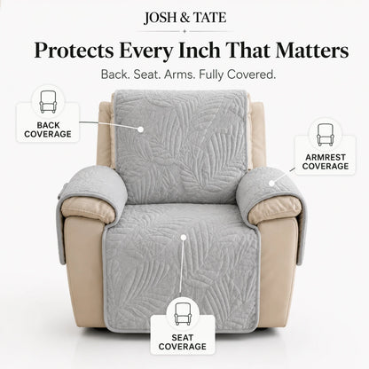 Josh & Tate - PalmSoft™ Quilted Chair Cover - Gray recliner cover with text highlighting coverage areas on a white background