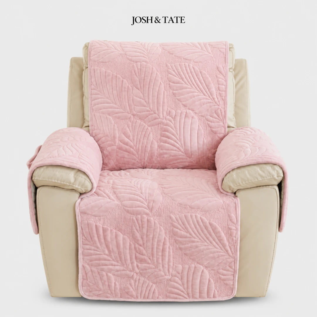 Josh & Tate - PalmSoft™ Quilted Chair Cover - Pink textured chair cover on a beige armchair with 'Josh & Tate' branding.