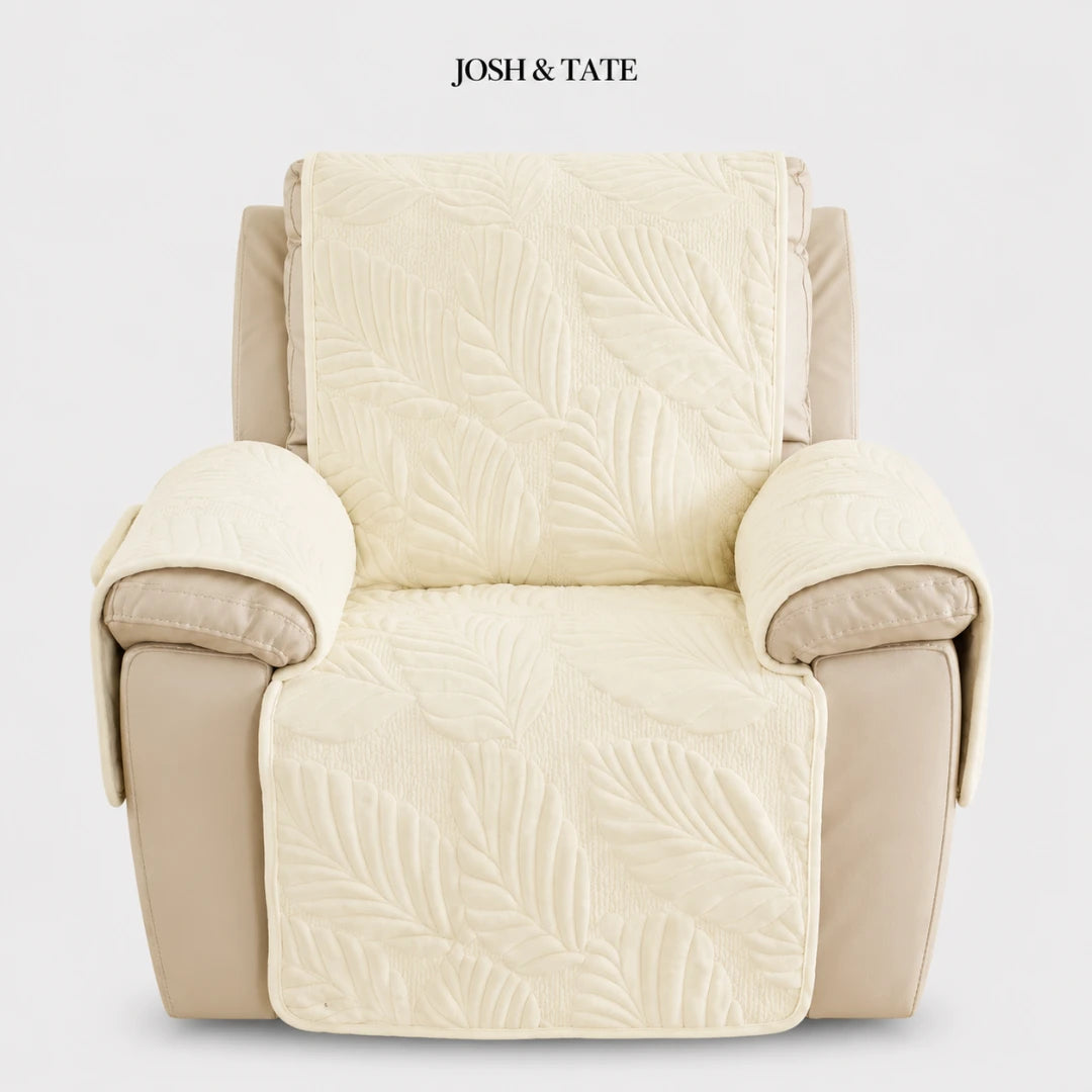 Josh & Tate - PalmSoft™ Quilted Chair Cover - Beige recliner chair with patterned cover on a white background, featuring the brand 'Josh & Tate'.