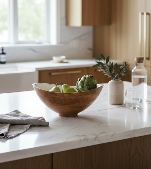 Wooden bowl with fruits on a kitchen counter