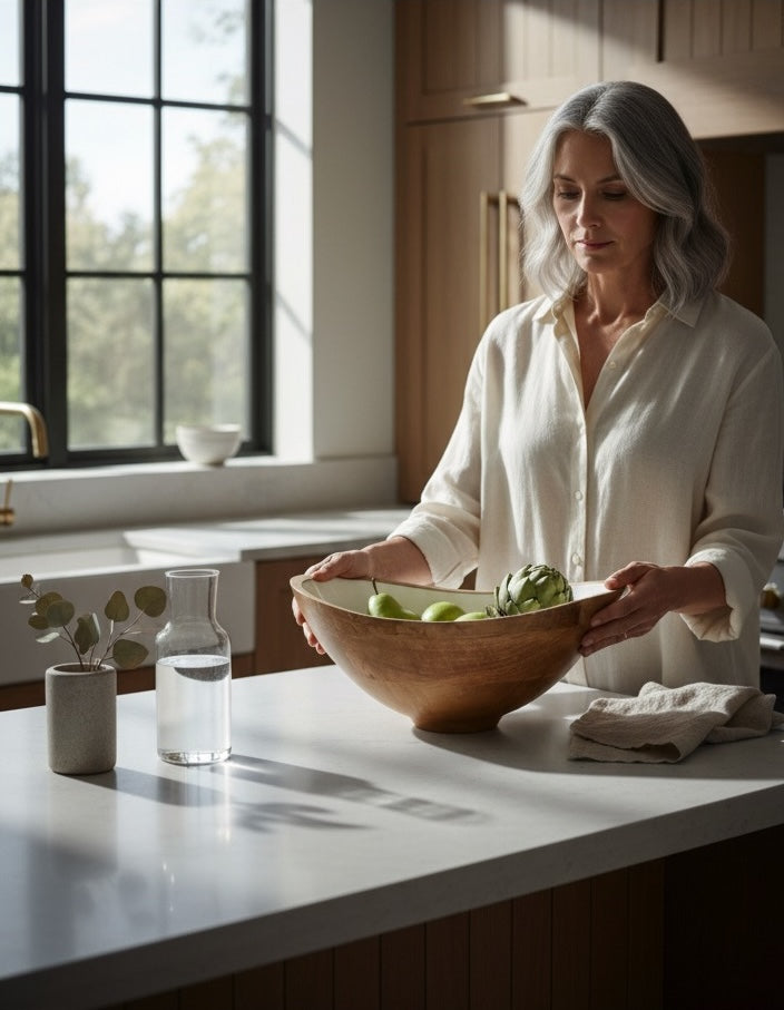 Woman holding a wooden bowl with apples in a kitchen
