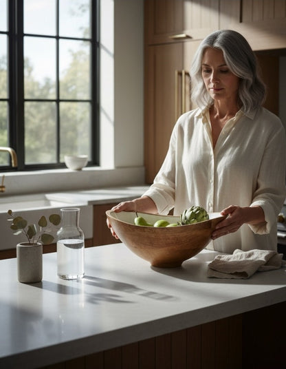 Woman holding a wooden bowl with apples in a kitchen