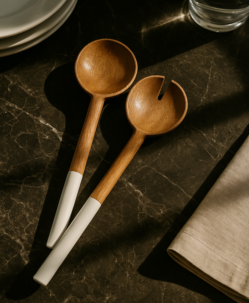 Two wooden spoons with white handles on a dark marble surface.