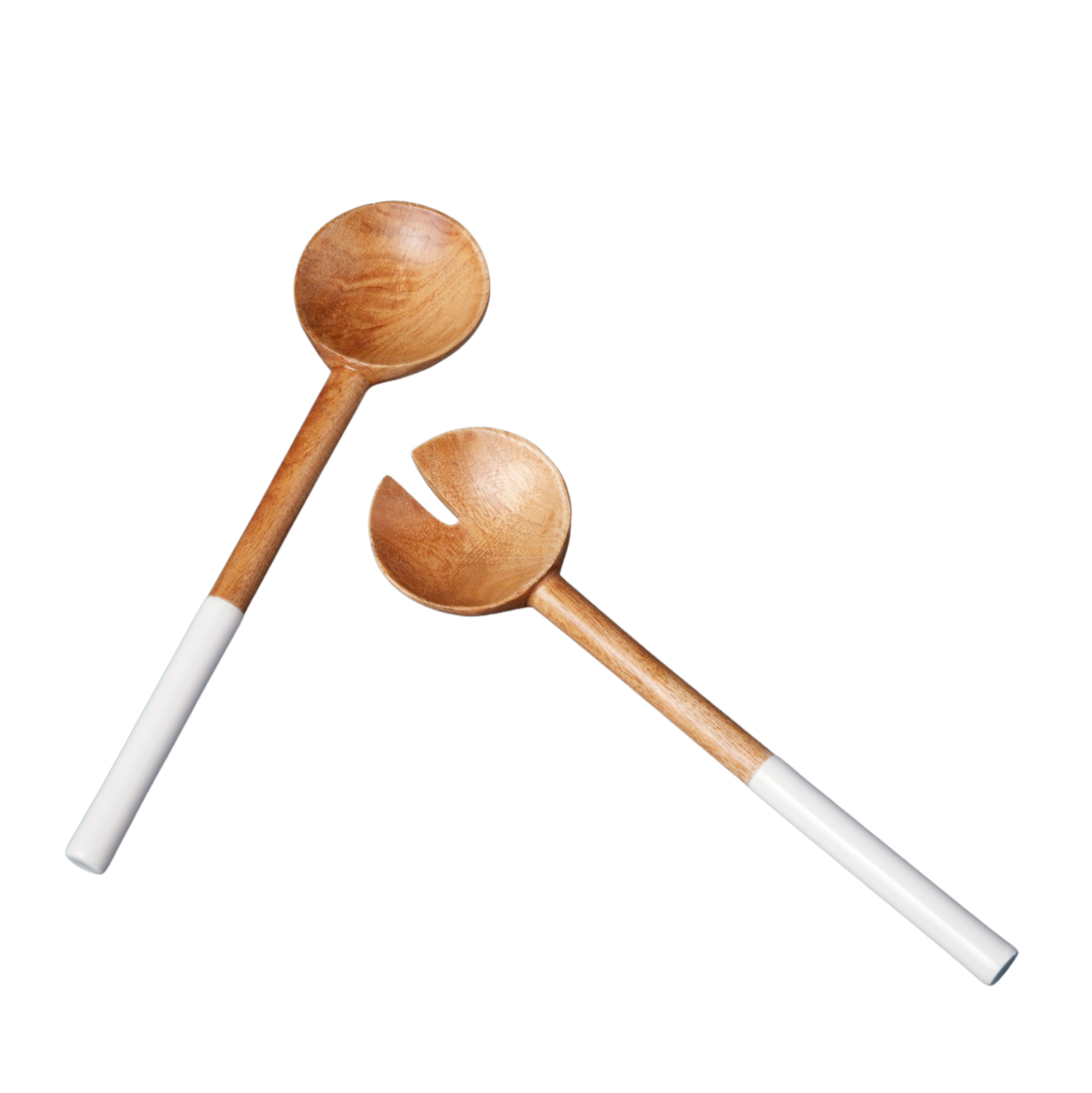 Two wooden spoons with white handles on a white background