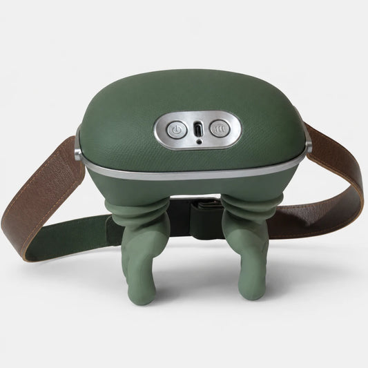 Josh & Tate - PawSoothe™ Shoulders and Neck Massager - An electric foot massager in sage green with a brown adjustable strap, featuring a silver control panel on top, shown against a light gray background.