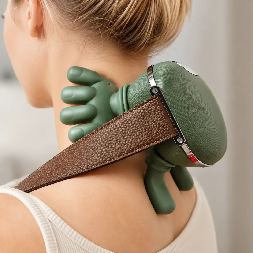 Josh & Tate - PawSoothe™ Shoulders and Neck Massager - A close-up of a woman from the back and side, using a green neck and shoulder massage device with finger-like protrusions and a brown strap.