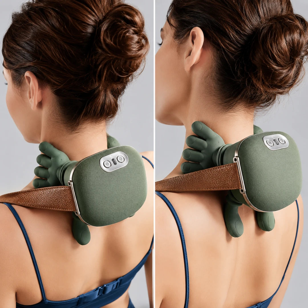 Josh & Tate - PawSoothe™ Shoulders and Neck Massager - A side-by-side comparison showing a woman from behind wearing an olive green neck and shoulder massage pillow with a brown strap. The left image shows the device being adjusted on her neck, while the right image shows it in use, providing a clear view of the product's shape, texture, and strap.