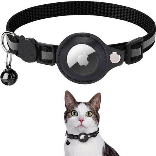Black pet collar with a bell and Apple logo worn by a cat on a white background