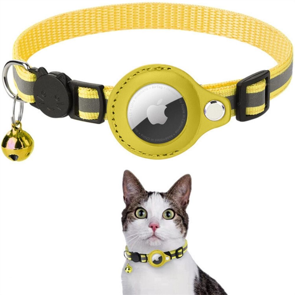 Yellow pet collar with a bell and Apple logo on a white background, featuring a cat wearing the collar.