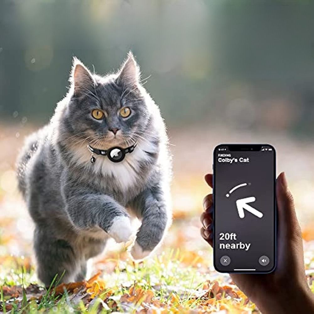 Cat running outdoors with a smartphone displaying a pet tracking app.