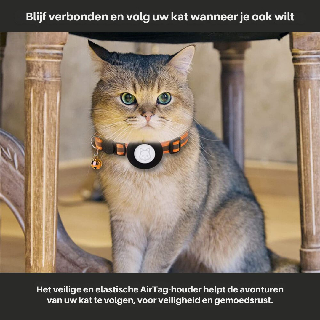 Cat wearing an AirTag holder with text about keeping your cat safe and connected.
