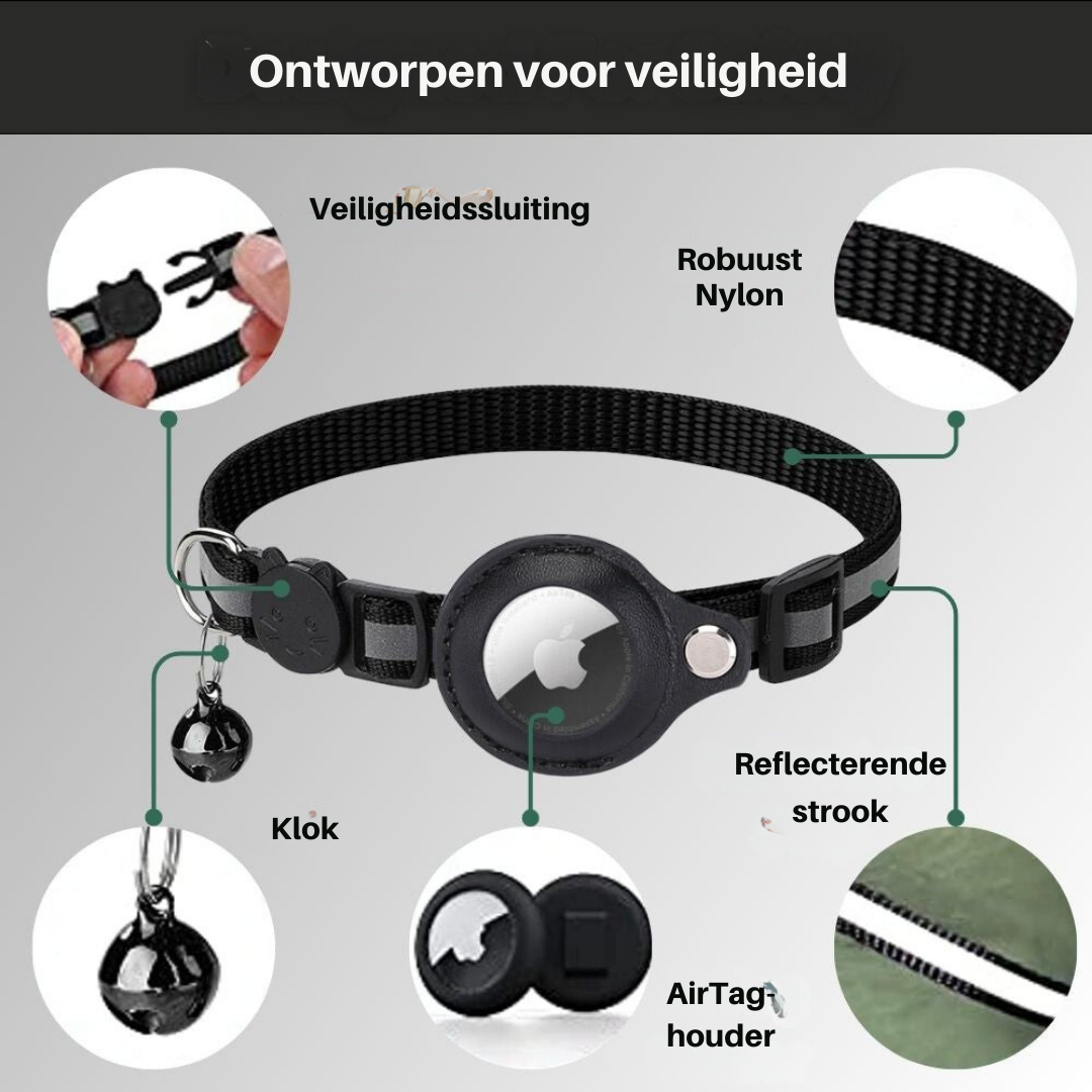 Diagram of a black pet collar with features highlighted on a gray background