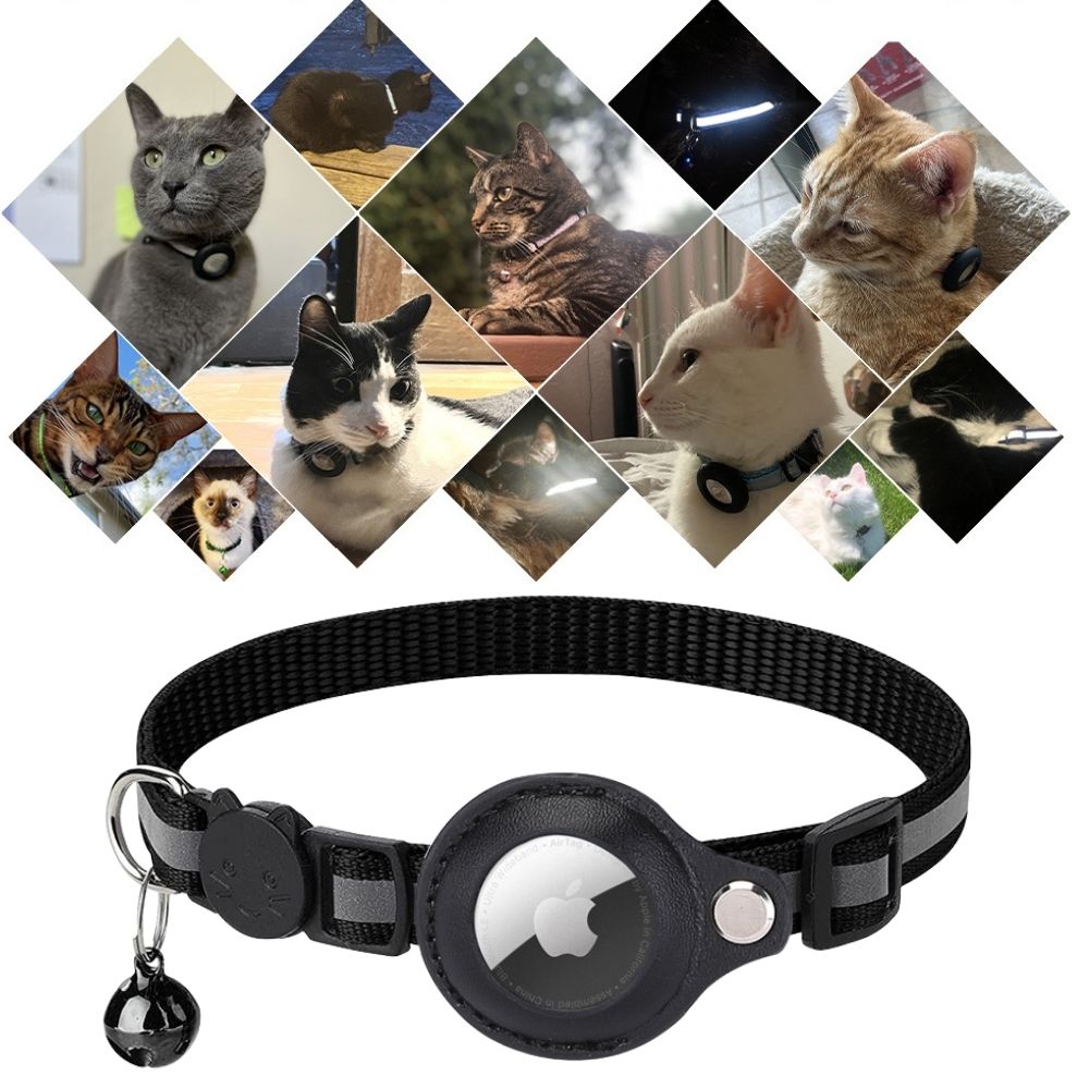 Black pet collar with a bell on a white background, surrounded by images of cats.