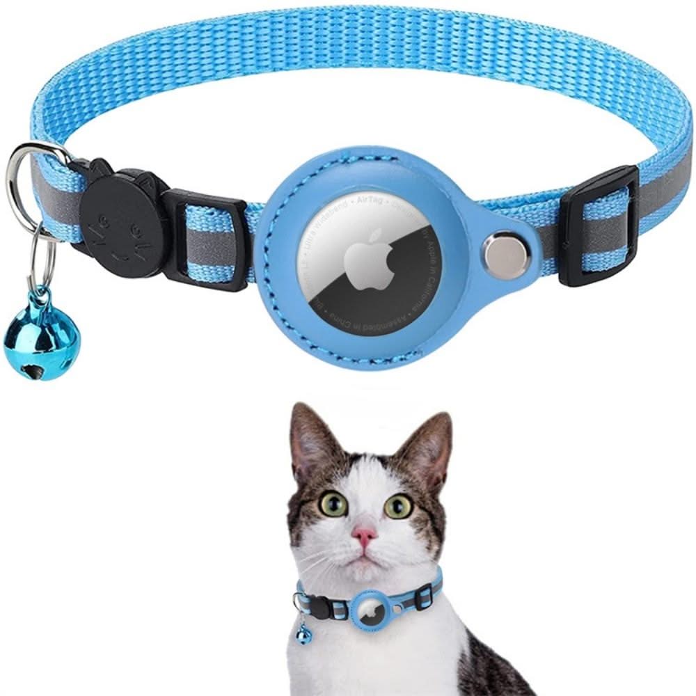 Blue pet collar with a bell and Apple logo, worn by a cat.