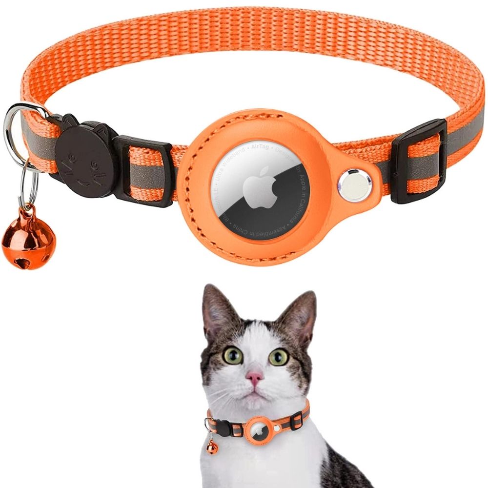 Orange cat collar with a bell and reflective strip, featuring an Apple logo, on a white background.