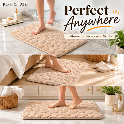 Josh & Tate - PebbleSoft™ Non-Slip Memory Foam Mat - Beige bath mat shown in various settings with text 'Perfect Anywhere' and 'JOSH & TATE'.
