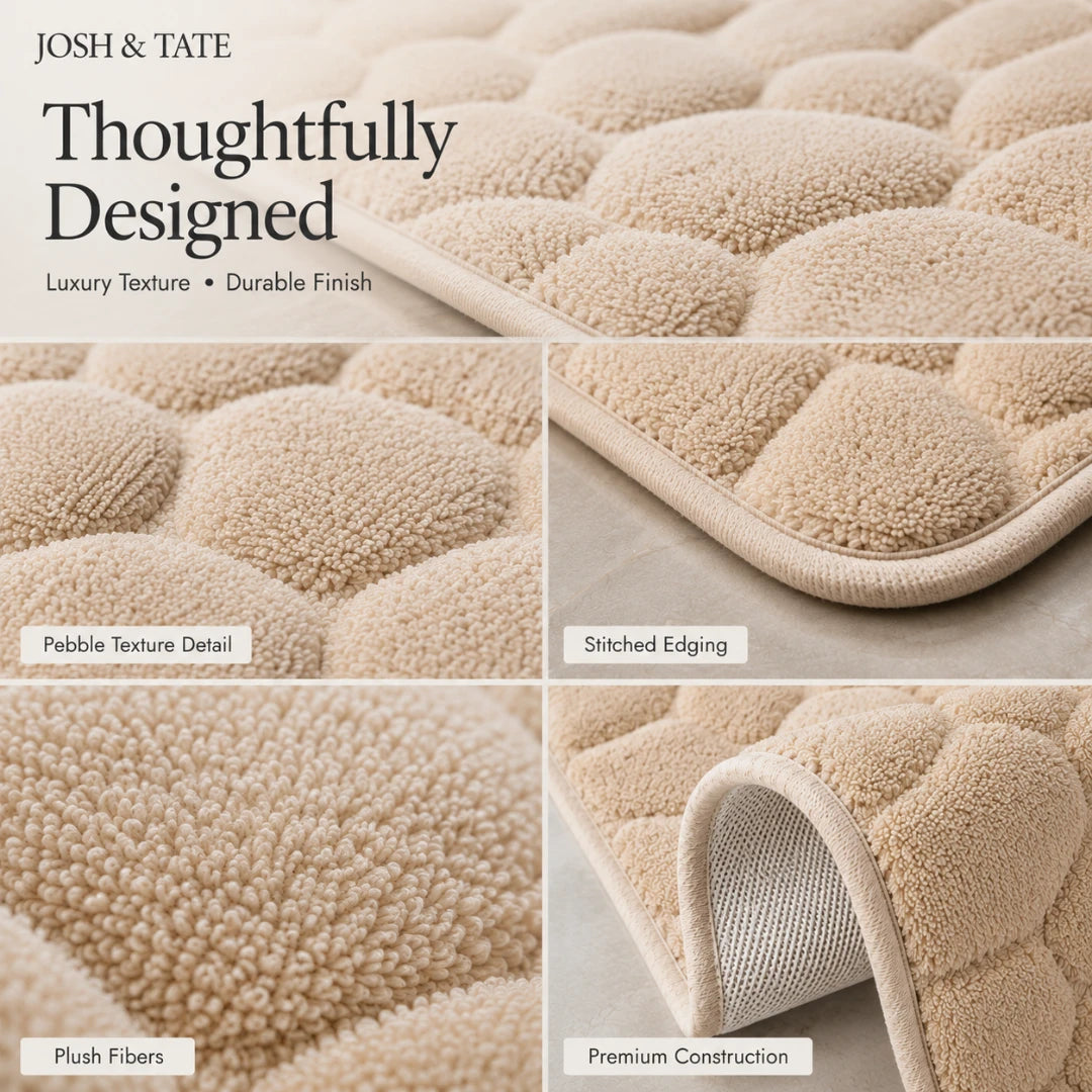 Josh & Tate - PebbleSoft™ Non-Slip Memory Foam Mat - Collage of a beige textured rug with details on texture, stitching, fibers, and construction by Josh & Tate.