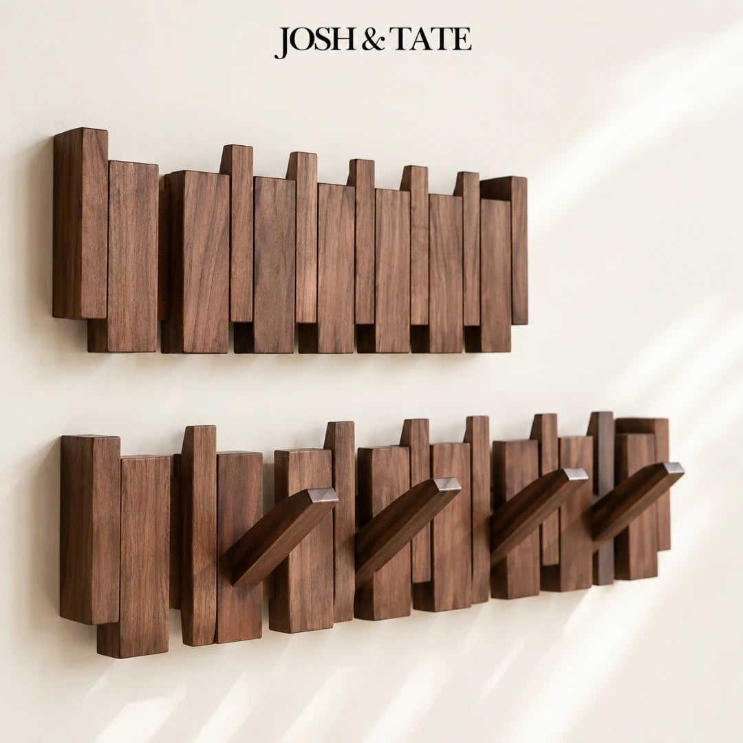 Josh & Tate - PianoHook™ Solid Wood Wall Rack - Wooden wall art with geometric design on a light background, featuring the brand 'Josh & Tate'.