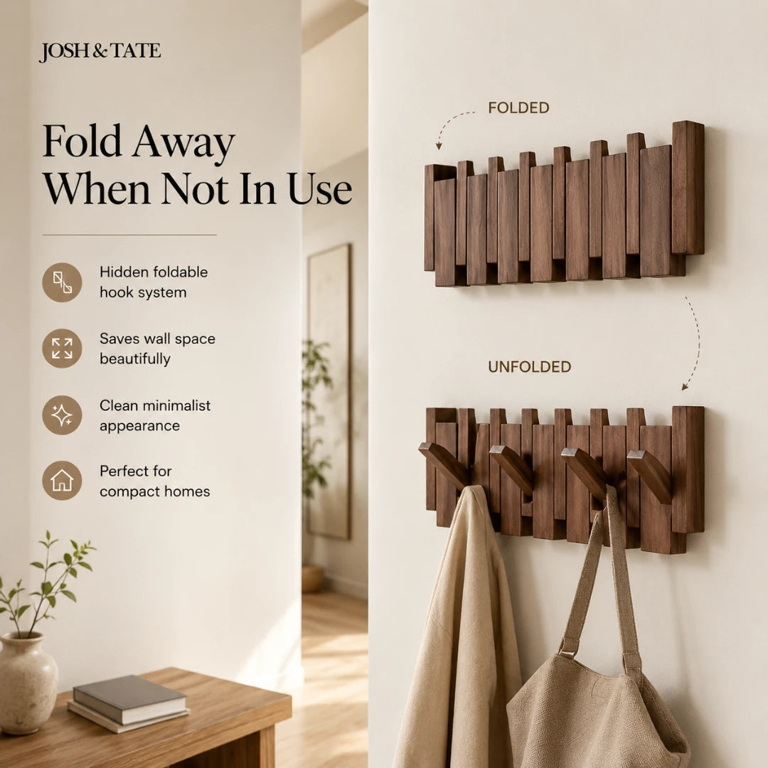 Josh & Tate - PianoHook™ Solid Wood Wall Rack - Wooden wall hook system with folded and unfolded positions, featuring 'Josh & Tate' branding.