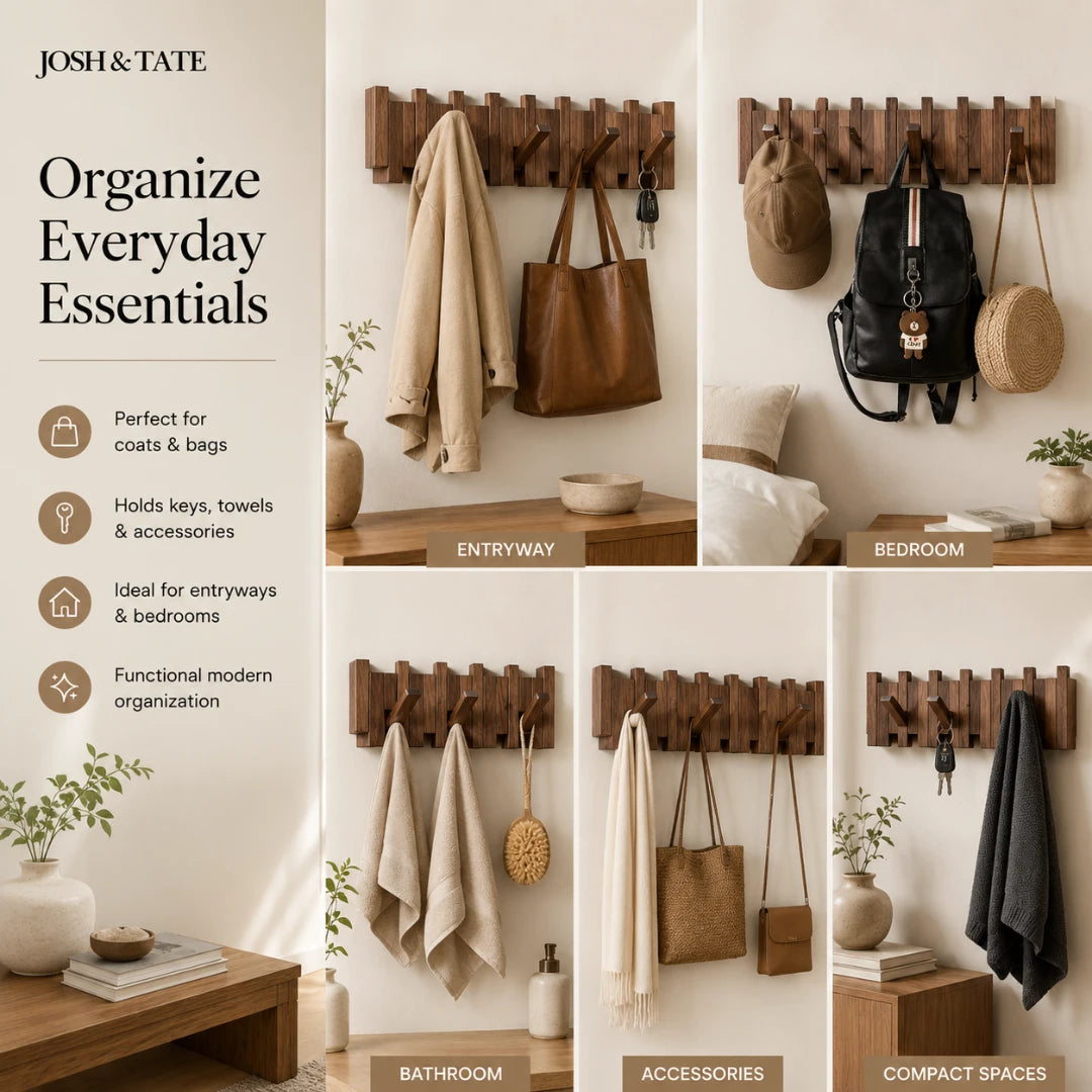 Josh & Tate - PianoHook™ Solid Wood Wall Rack - Wooden wall hooks with various items in different rooms, featuring Josh & Tate branding.