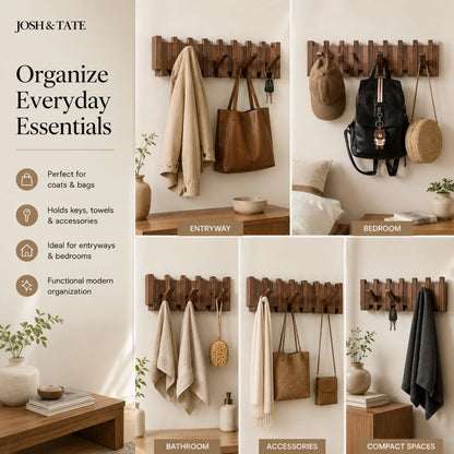 Josh & Tate - PianoHook™ Solid Wood Wall Rack - Wooden wall hooks with various items in different rooms, featuring Josh & Tate branding.
