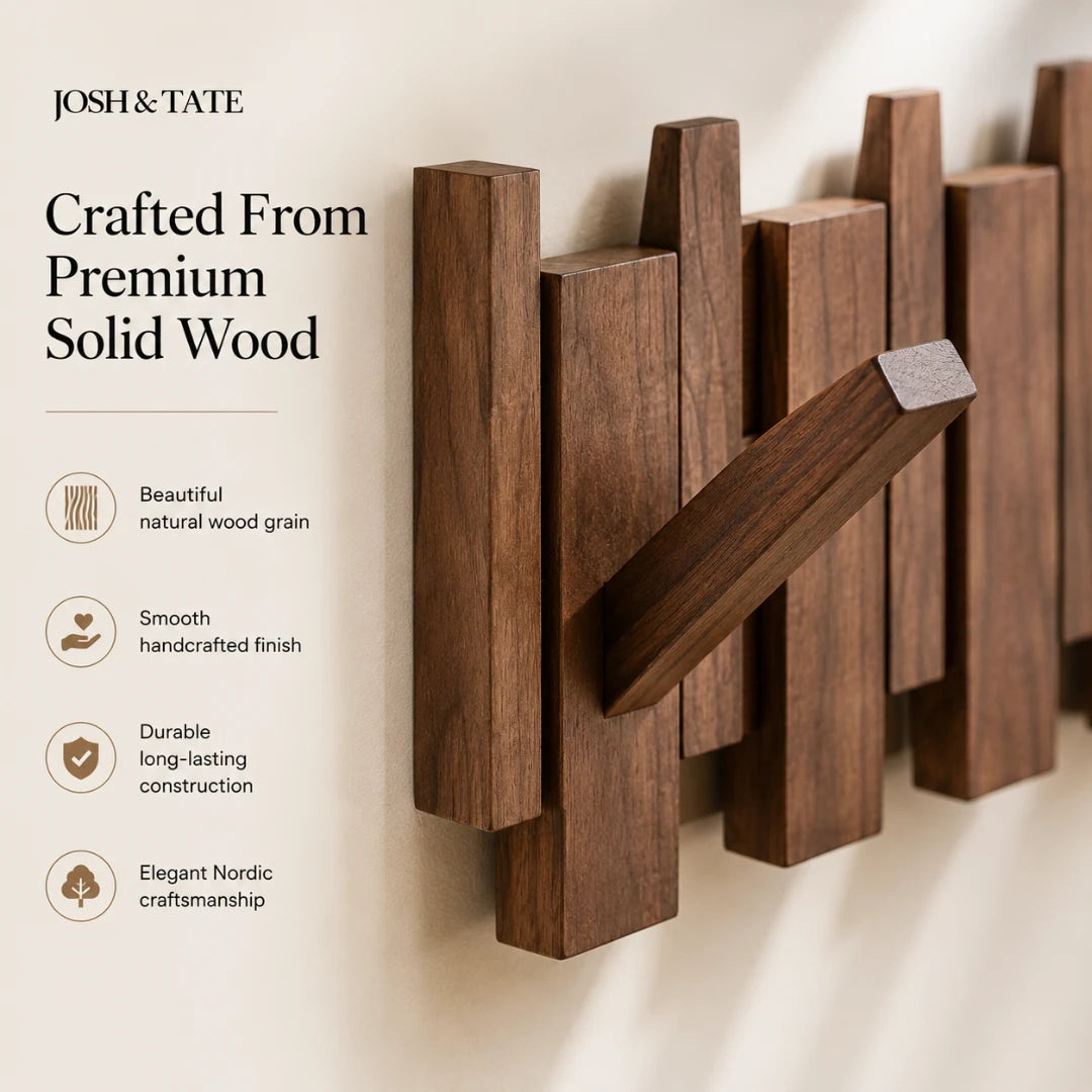 Josh & Tate - PianoHook™ Solid Wood Wall Rack - Wooden wall-mounted coat rack with 'Josh & Tate' branding and feature text on a neutral background.