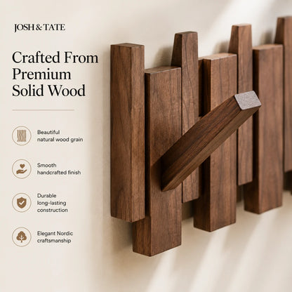 Josh & Tate - PianoHook™ Solid Wood Wall Rack - Wooden wall-mounted coat rack with 'Josh & Tate' branding and feature text on a neutral background.