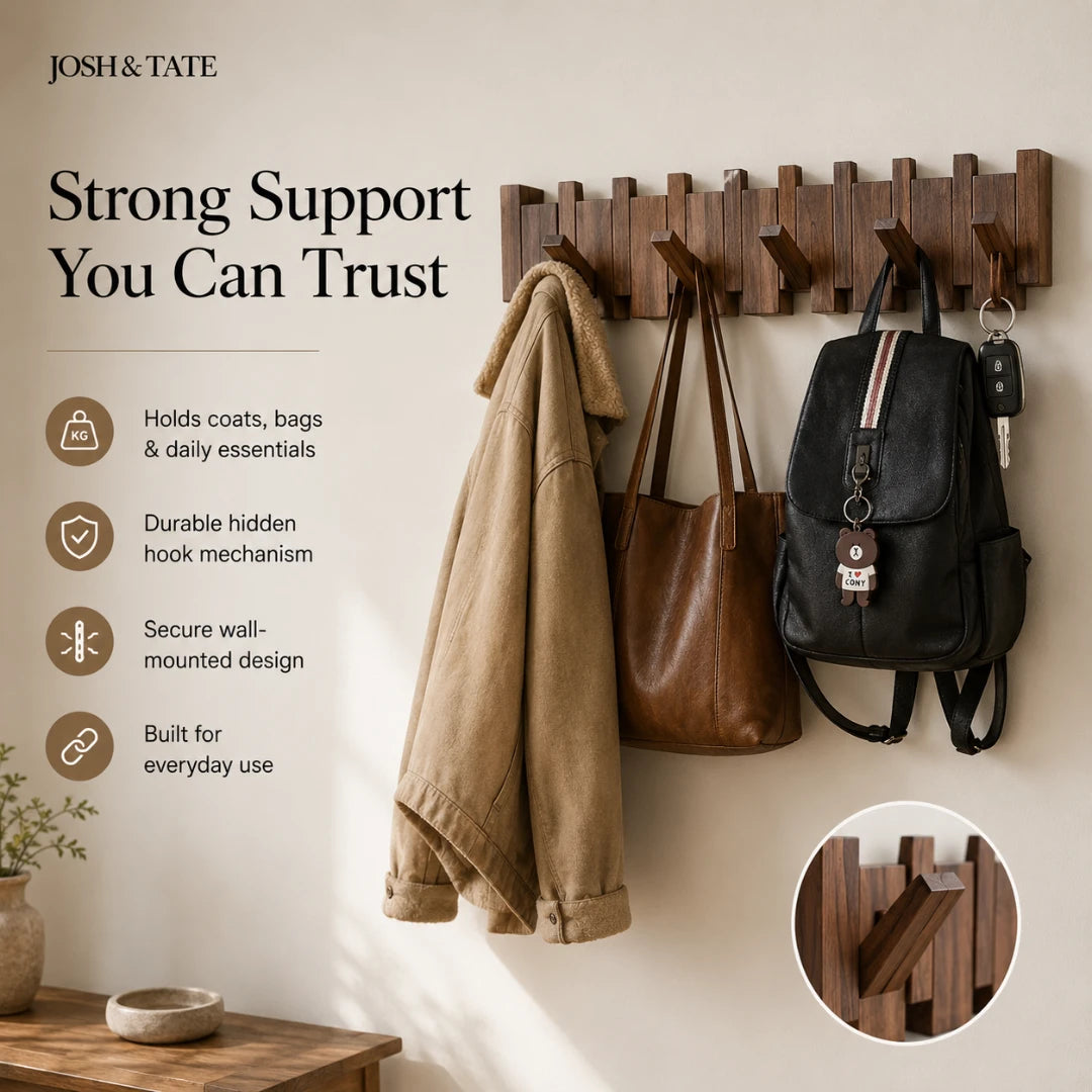 Josh & Tate - PianoHook™ Solid Wood Wall Rack - Wooden wall-mounted coat rack with hooks holding a coat, bag, and backpack on a neutral background.