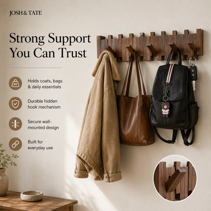 Josh & Tate - PianoHook™ Solid Wood Wall Rack - Wooden wall-mounted coat rack with hooks holding a coat, bag, and backpack on a neutral background.