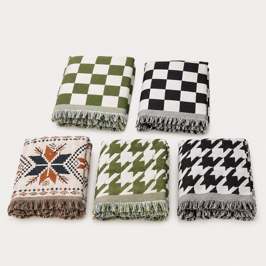 Josh & Tate - PicnicCo™ Woven Outdoor Blanket - Set of five patterned blankets on a white background
