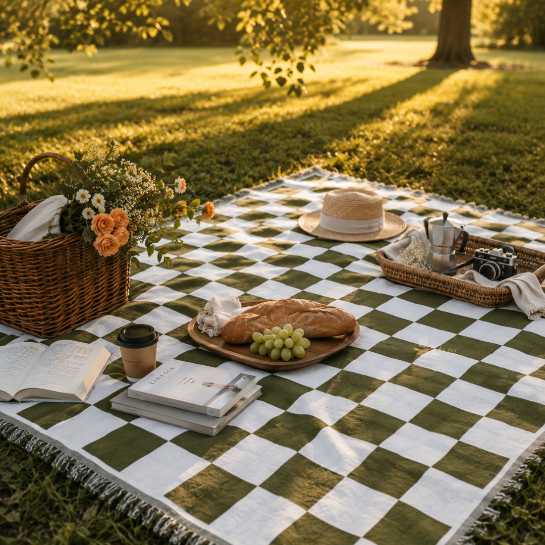 Josh & Tate - PicnicCo™ Woven Outdoor Blanket - Picnic setup on a checkered blanket with food, books, and a camera in a park.