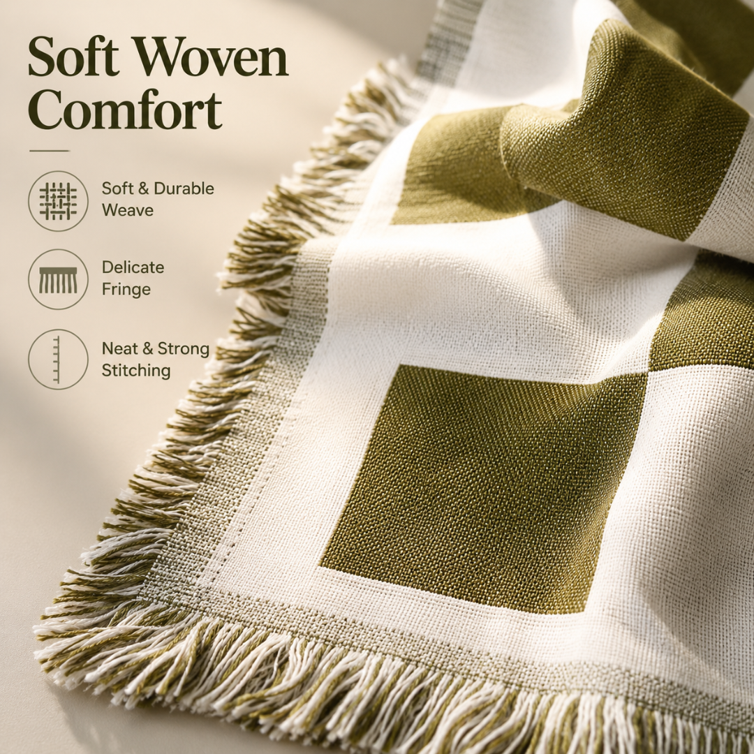 Josh & Tate - PicnicCo™ Woven Outdoor Blanket - Green and white woven blanket with fringe details on a neutral background