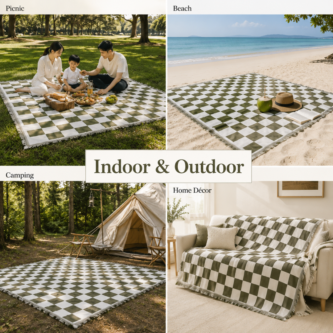 Josh & Tate - PicnicCo™ Woven Outdoor Blanket - Checkered picnic blanket used in various settings including a park, beach, camping area, and home decor.