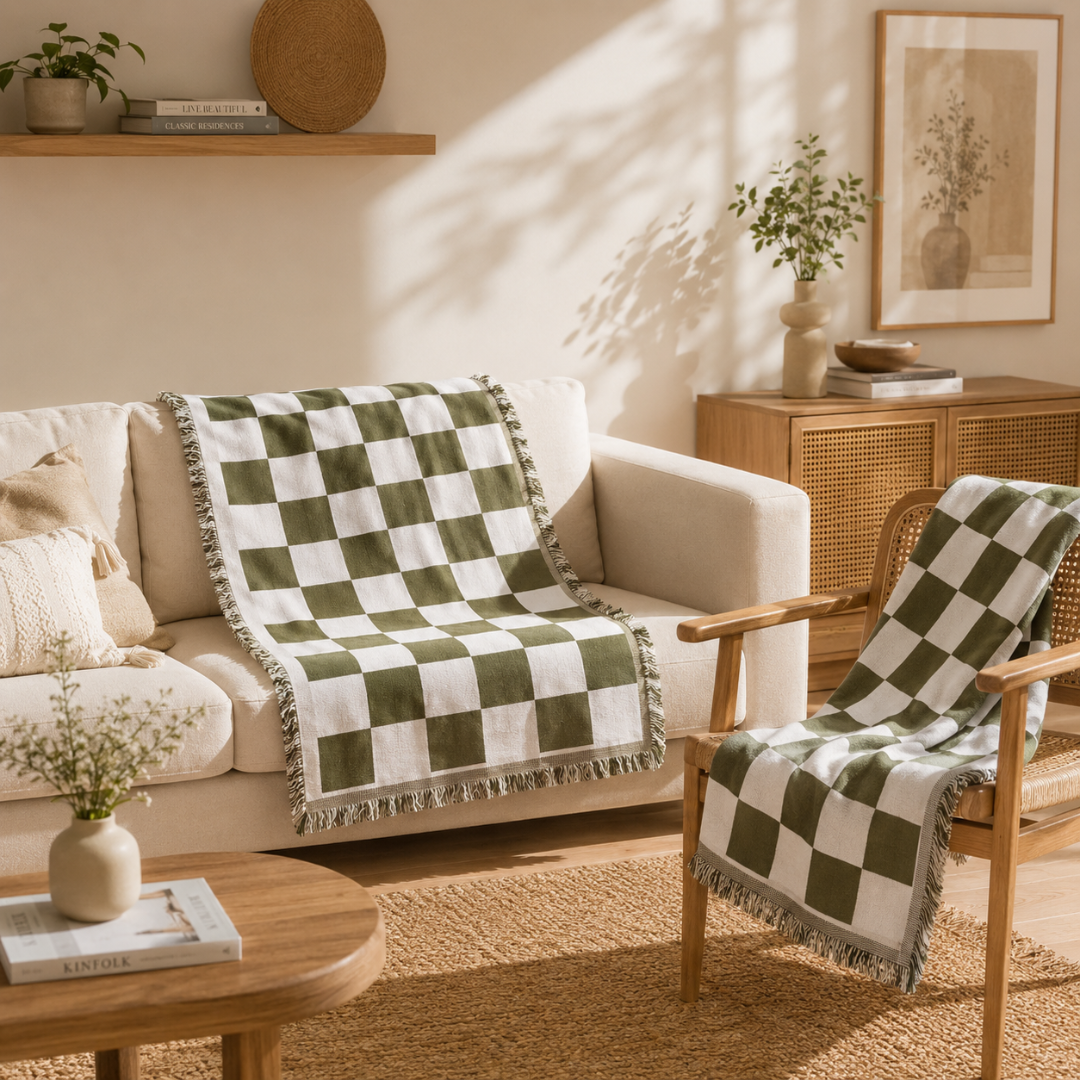 Josh & Tate - PicnicCo™ Woven Outdoor Blanket - Living room with a checkered green and white blanket draped over a chair and sofa.