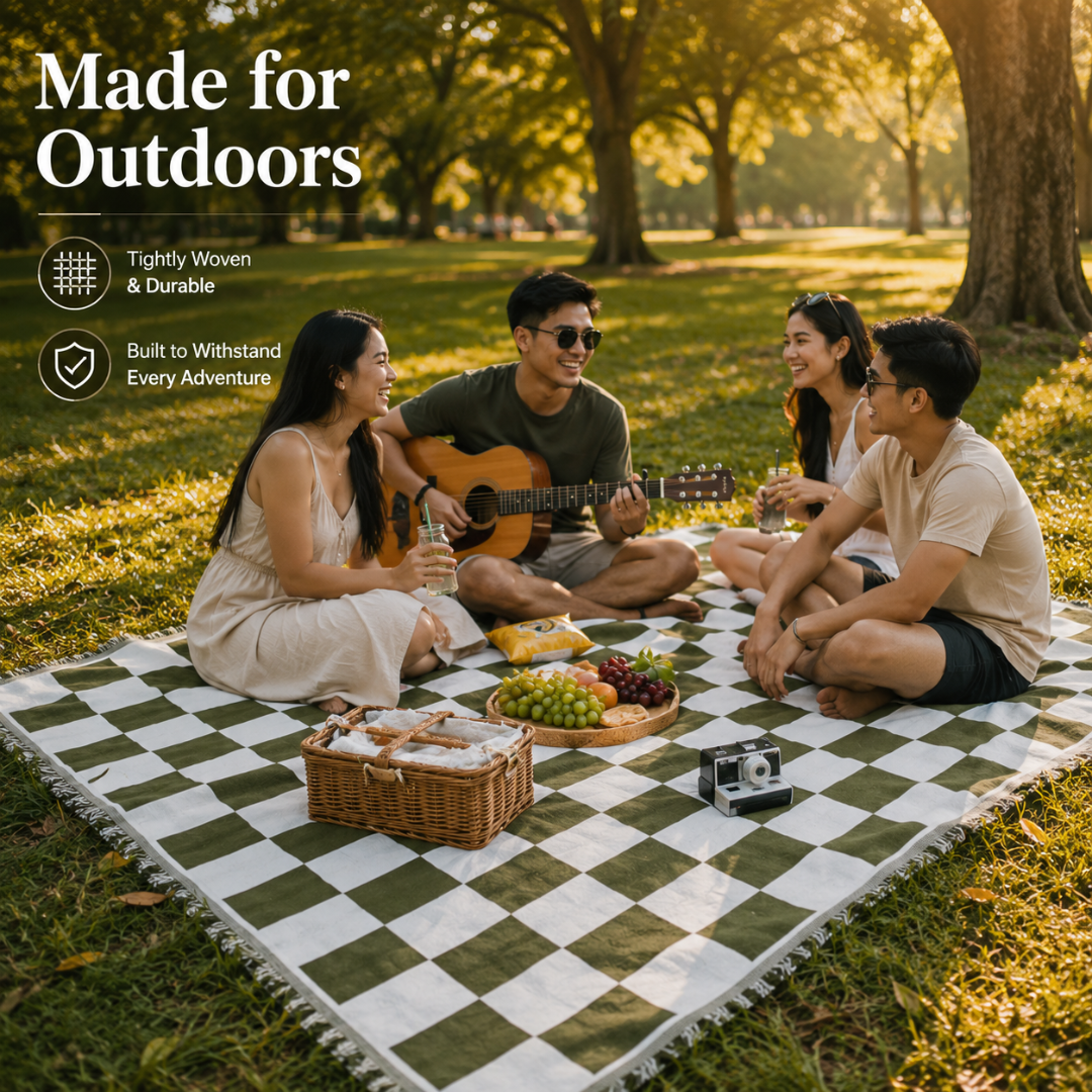 Josh & Tate - PicnicCo™ Woven Outdoor Blanket - Group of people sitting on a checkered picnic blanket in a park, enjoying a picnic.
