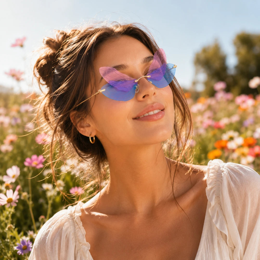 Josh & Tate - PixieFrame™ Butterfly Sunglasses - A woman outdoors in a flower field wearing butterfly-shaped sunglasses with iridescent purple and blue lenses and a white blouse.