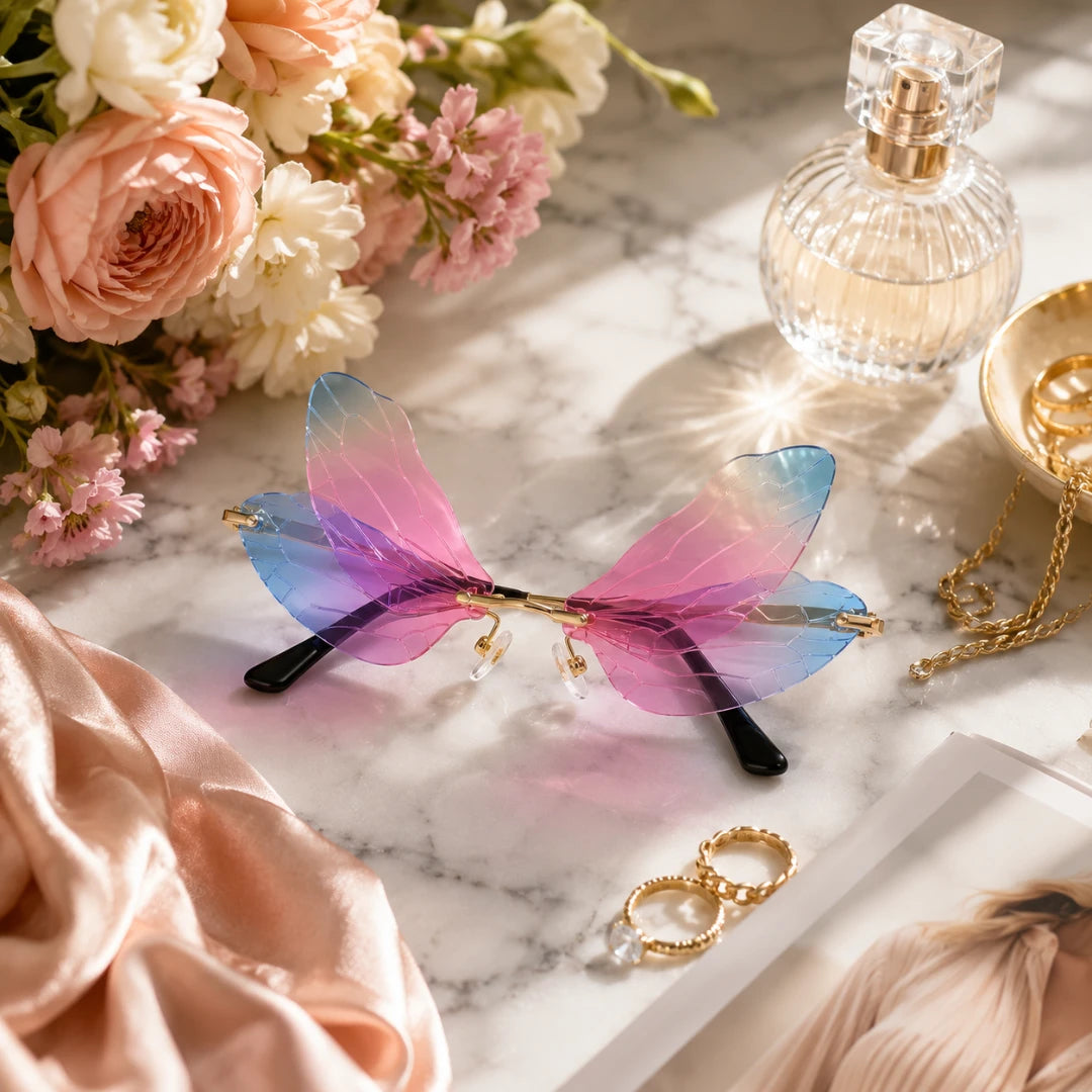Josh & Tate - PixieFrame™ Butterfly Sunglasses - Bifocal butterfly wing eyeglasses with a pink, purple, and blue gradient on a white marble desk styled with a perfume bottle, rings, flowers, and a silk scarf.