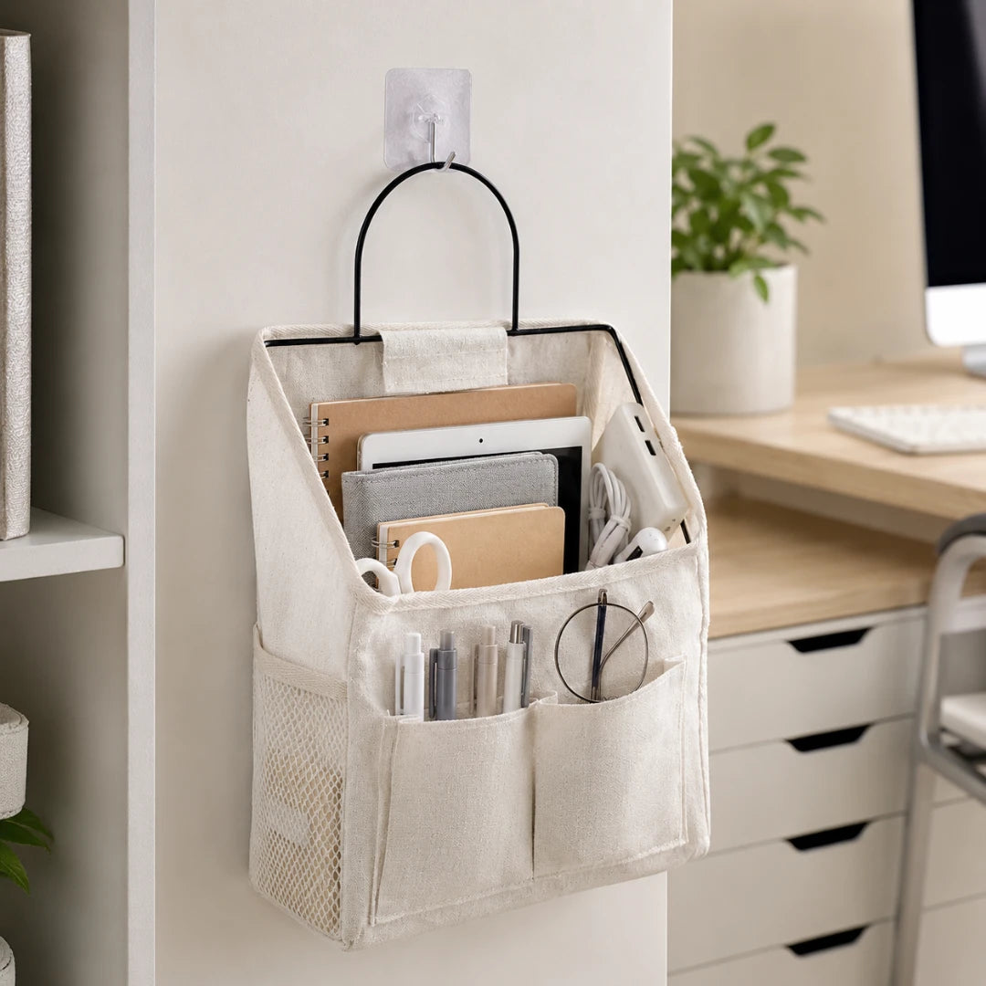 Josh & Tate - PocketPerch™ Hanging Organizer - A beige fabric hanging organizer with a black metal handle, mounted on a wall in a home office setting. The organizer contains various office supplies, including notebooks, pens, and glasses, and is shown in a clean, modern workspace environment.